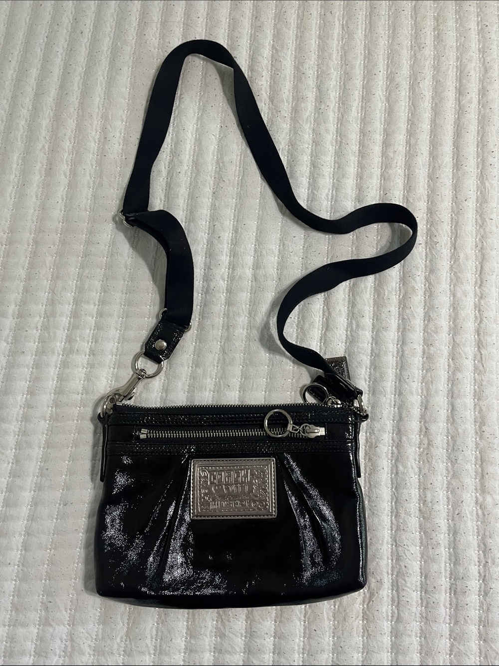 Coach Black Patent Crossbody with Silver Plaque